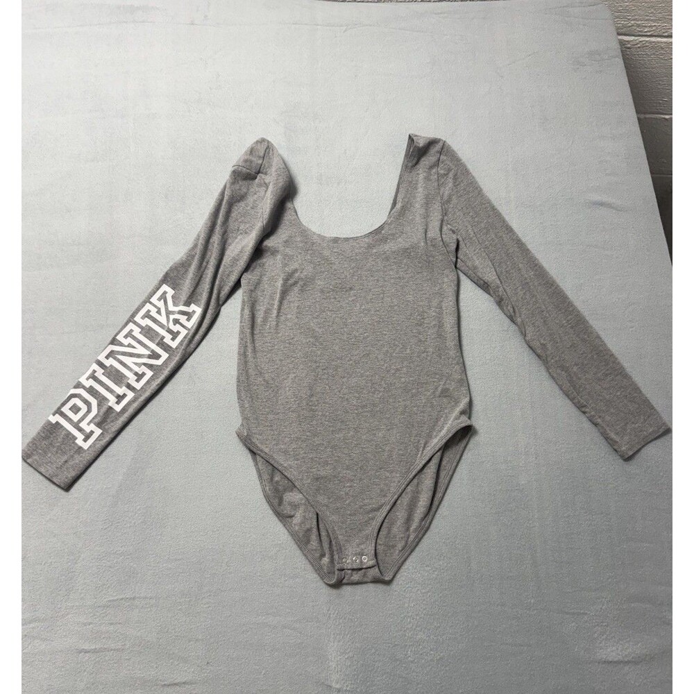 Victoria's Secret PINK long sleeve crew neck bodysuit Sz M gray